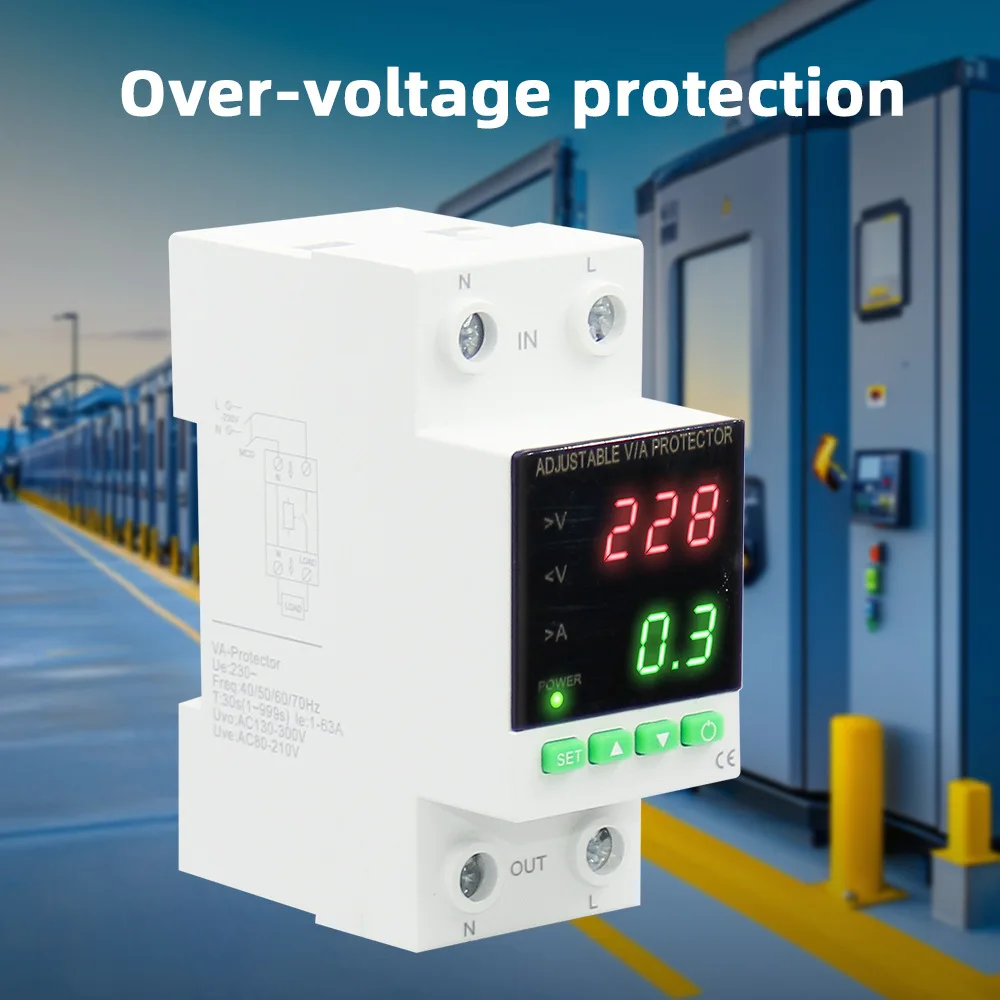 40A/63A AC230V Over Voltage and Under Voltage Protector Over-current Protection Voltage/Current Digital Display Reset Switch