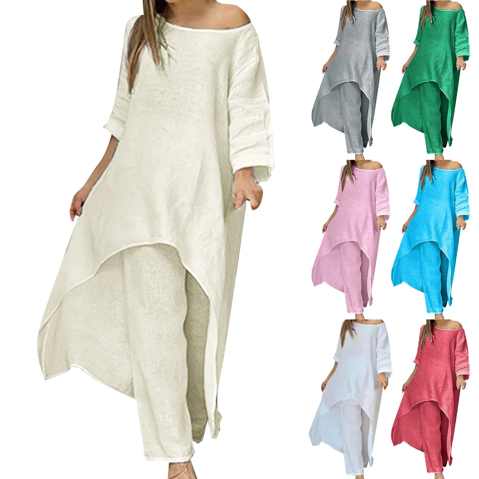 Women Cotton Linen Tracksuit Two Piece Set 2023 Summer Casual Loose Solid Blouse T-shirt Wide Leg Pants Suit Outfits 2 Piece Set