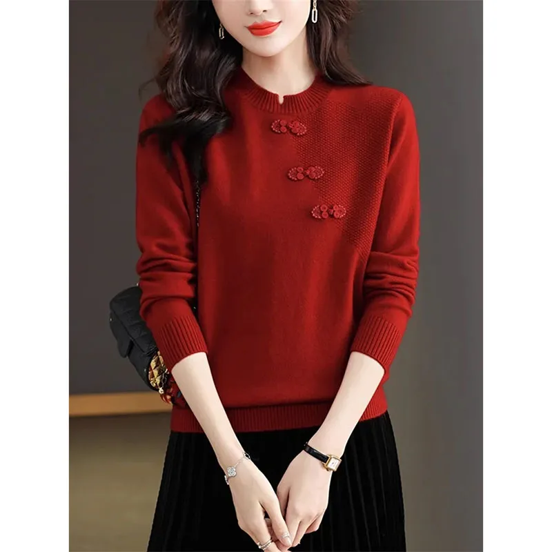 Mother Bottoming Shirt Large Size Pullover Female Knitwear Chinese Sweater Women\'s 2024 Spring Autumn Winter New Coat Buckle Top