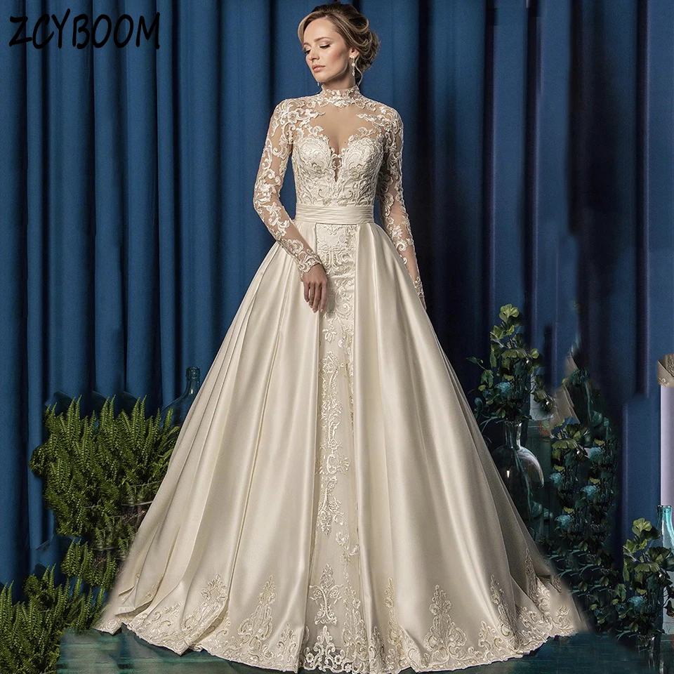 

Customized Champagne High-Neck Appliques Long Sleeves Wedding Dress 2025 Mermaid Floor Length Detachable Sweep Train Bridal Gown