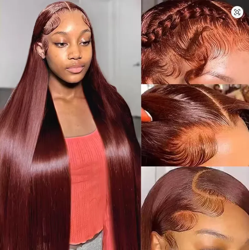 

Reddish Brown HD 13x4 glueless lace front wig made with real Brazilian virgin human hair double-layered straight lace front wig