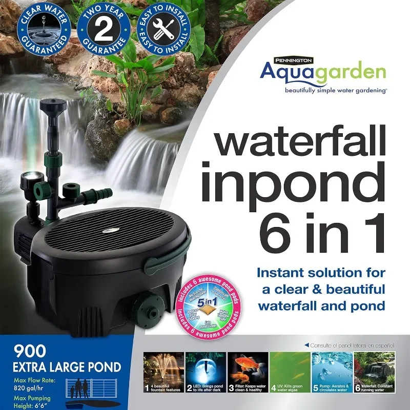 Inpond 6 in 1 Teich & Wasserpumpe, Filter, UV-Klärer, LED-Scheinwerfer, alles in einer Lösung, für Teiche bis zu 900 Gallonen, schwarz