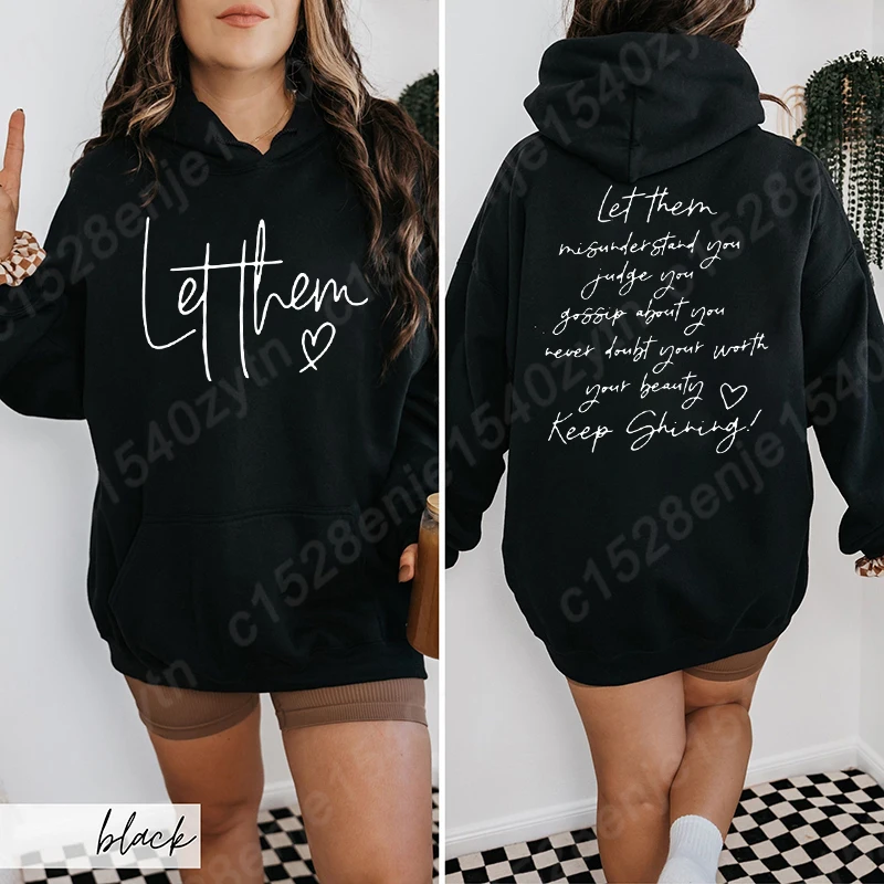 Let Them Letter Print Hoodies, Graphic Pullovers, Casual Long Sleeve Hooded Sweatshirt Tops for Fall & Winter, Women Hoodies