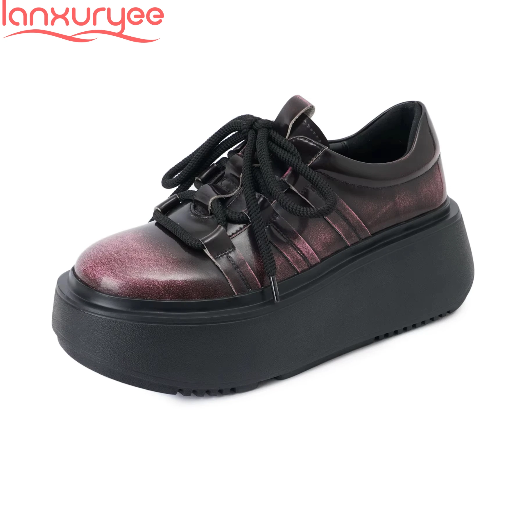 

Lanxuryee Cow Leather Round Toe Mixed Colors Thick Bottom Spring Fall Shoes Brand Student Sneakers Casual Women Vulcanized Shoes