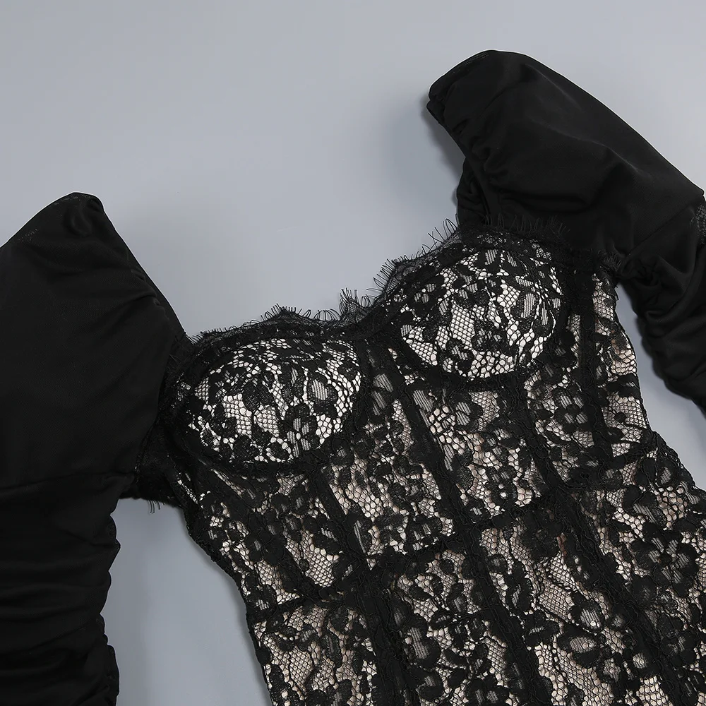 Elegancka damska sukienka z czarnej koronki, haftowana, z długim rękawem, kwadratowym dekoltem, z podszewką, miękka, wygodna, formalna, wieczorowa, na przyjęcie, do noszenia w domu.