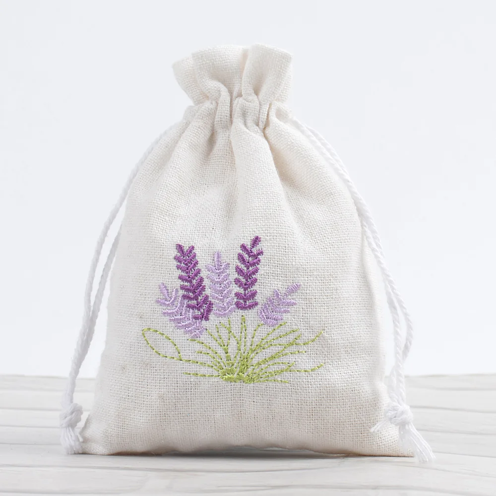 50pcs/lot Romantic Purple Lavender Embroidered Drawstring Bags Burlap Linen Canvas Pouches for Candy Wedding Gift Packaging