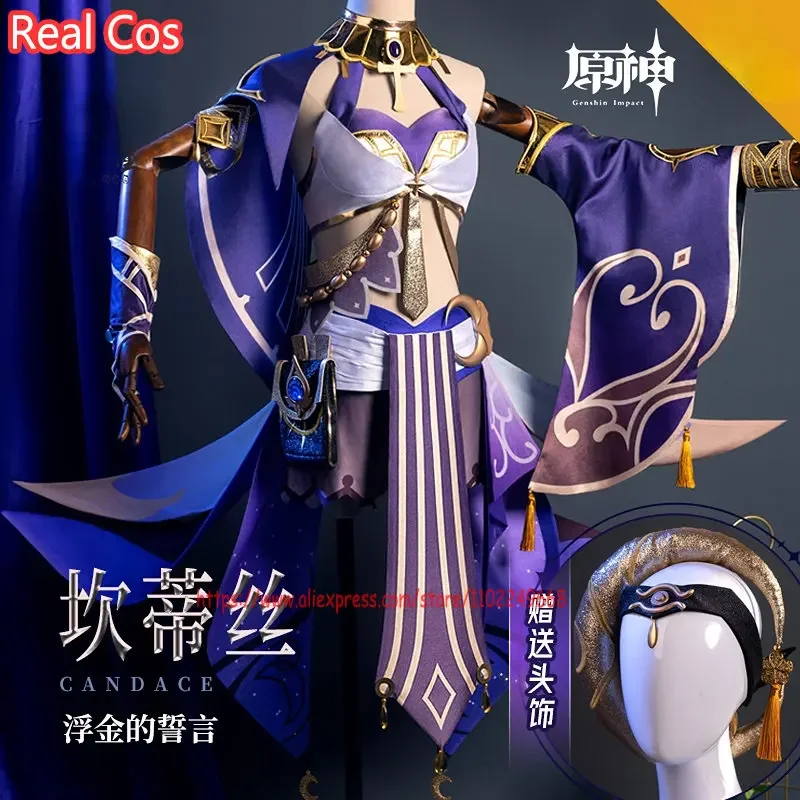 RealCos Genshin Impact Candace Cosplay Costume Halloween Party Outfit Women Black Skin Heteropupil Game Suit Lovely Uniform wig