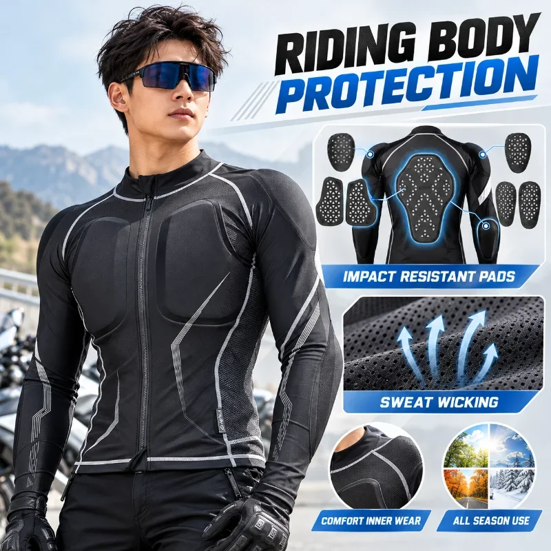 Motorcycle Armor Jacket Men Riding Protective Gear Built In Body Protector Breathable Sweat Wicking All Season