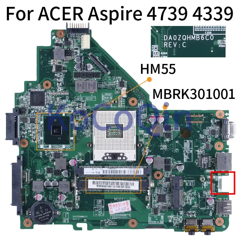 Imagem -02 - para Acer Aspire 4739 4339 Suporte 1a Geração Cpu Notebook Mainboard Da0zqhmb6c0 Mbrk 301001 Modelo Hm55 Ddr3: Placa-mãe para Laptop Zqh