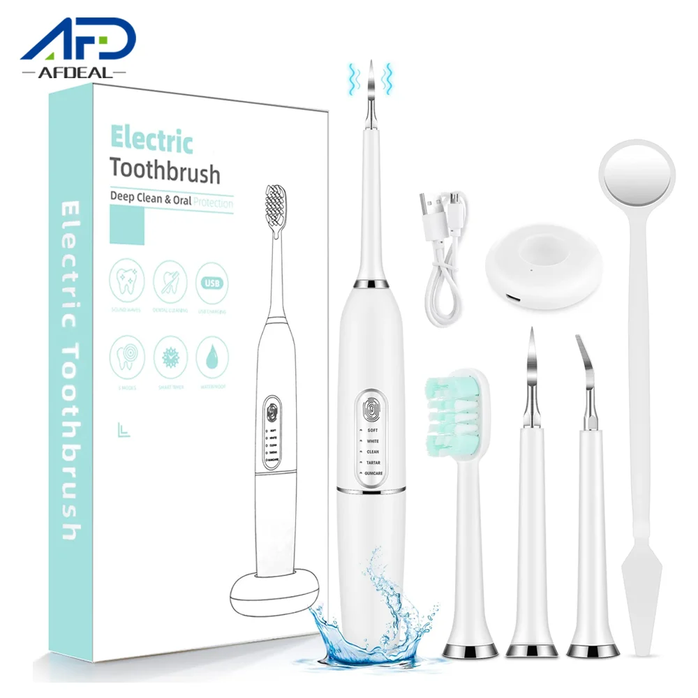 

Ультразвуковая электрическая зубная щетка IPX7, водонепроницаемая, 5 режимов, перезаряжаемая, отбеливающая, очиститель зубов, средство для удаления пятен с зубного камня