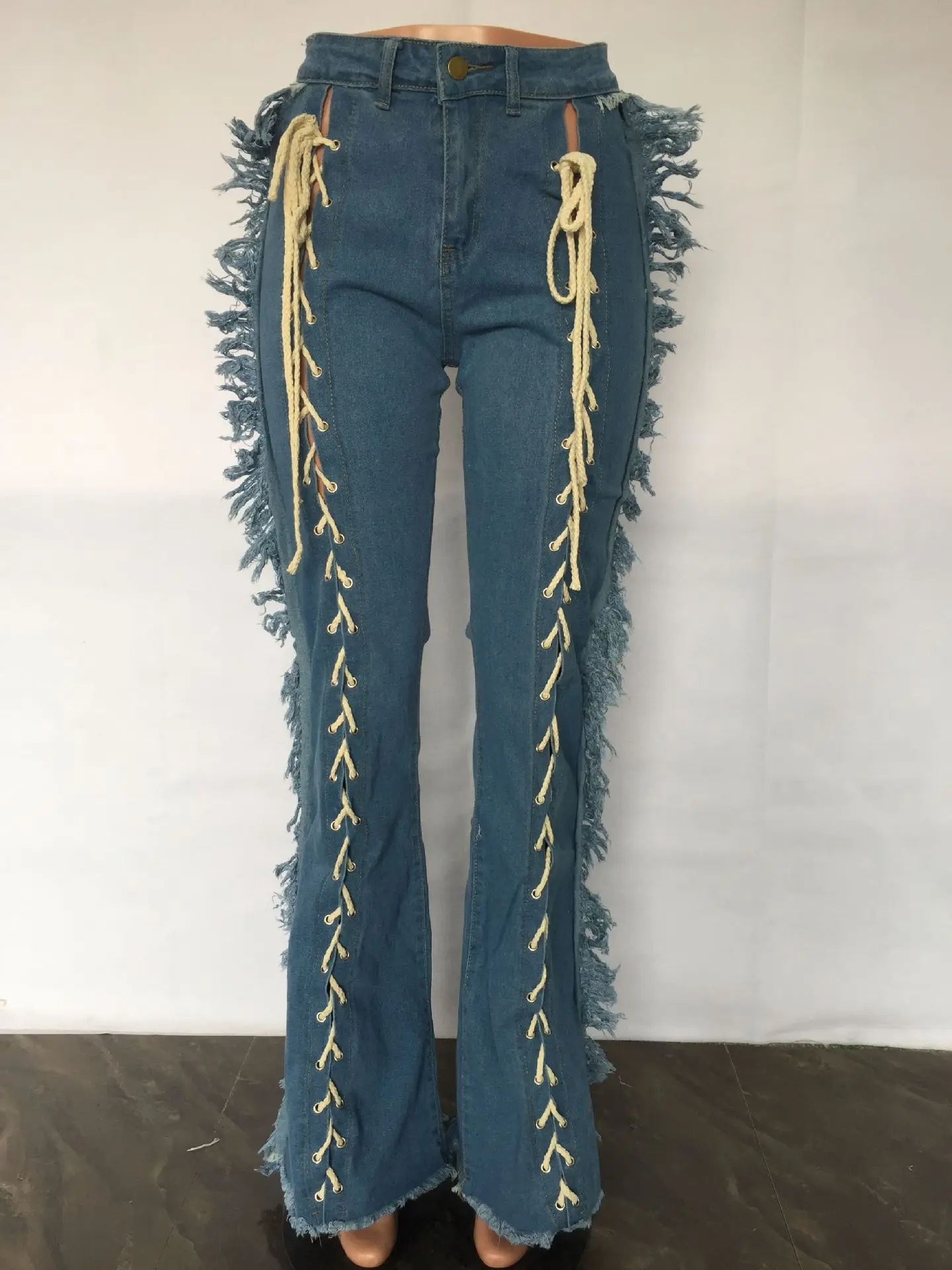 2022 New Women\'s Sexy Tassel Bandage Jeans High Waist Lace Up Cotton Jeans Blue Black