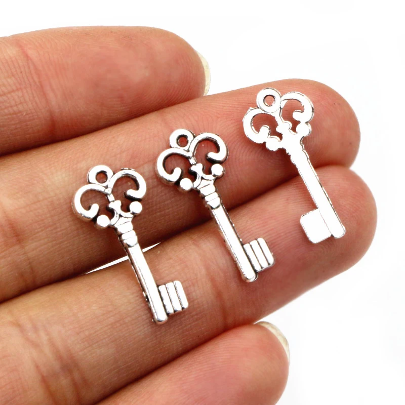 50pcs 21x10mm Vintage Small Key Charms Antique Bronze Silver Plated Handmade Charms Pendant DIY Findings for bracelet necklace