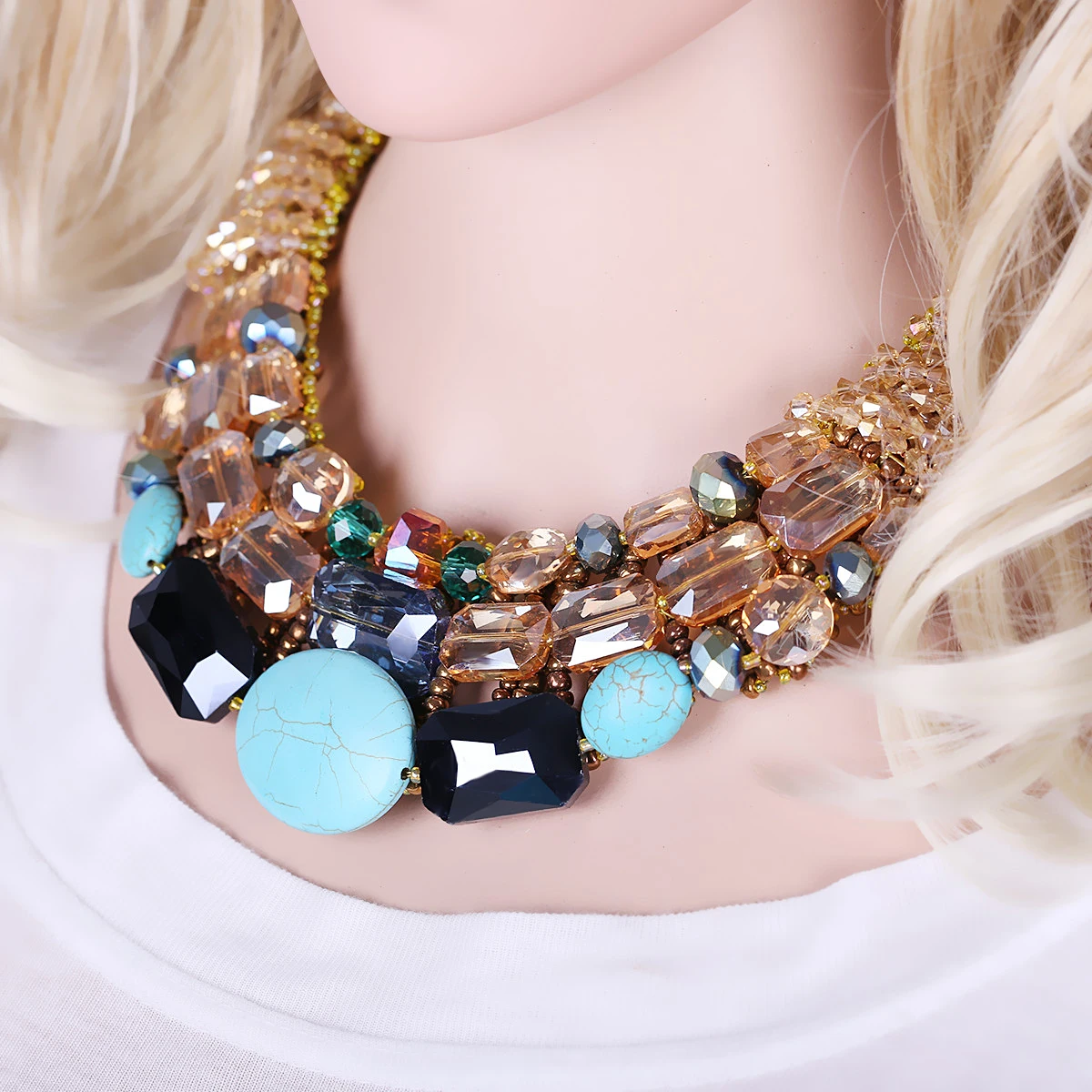 KAYMEN Luxury Handmade Statement Necklace for Women Girls Crystals and Imiation Turquoise Beaded Chunky Bib Chokers Dropshipping