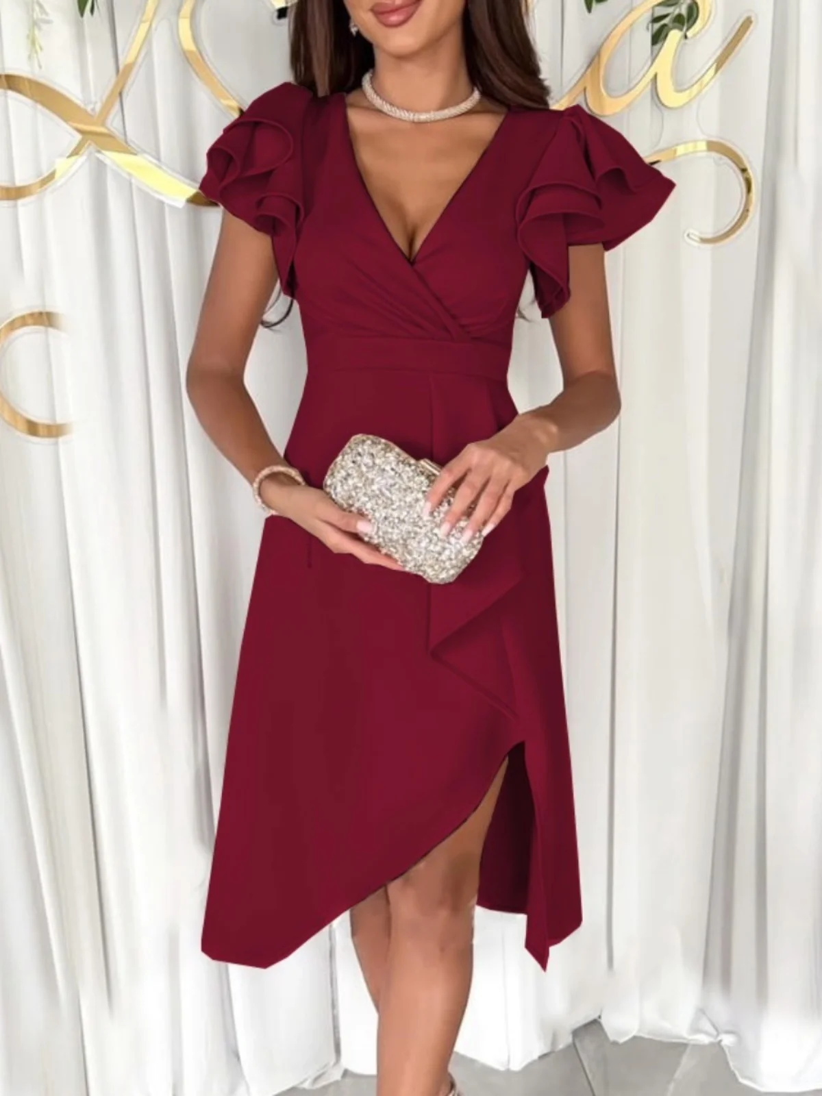 ชุดเดรสฤดูร้อนแฟชั่นใหม่ คอวีลึก ความยาวปานกลาง ทรงเข้ารูป ผ้าทูลล์ ชายกระโปรงไม่เท่ากัน สไตล์สตรีท ผ้าโพลีเอสเตอร์