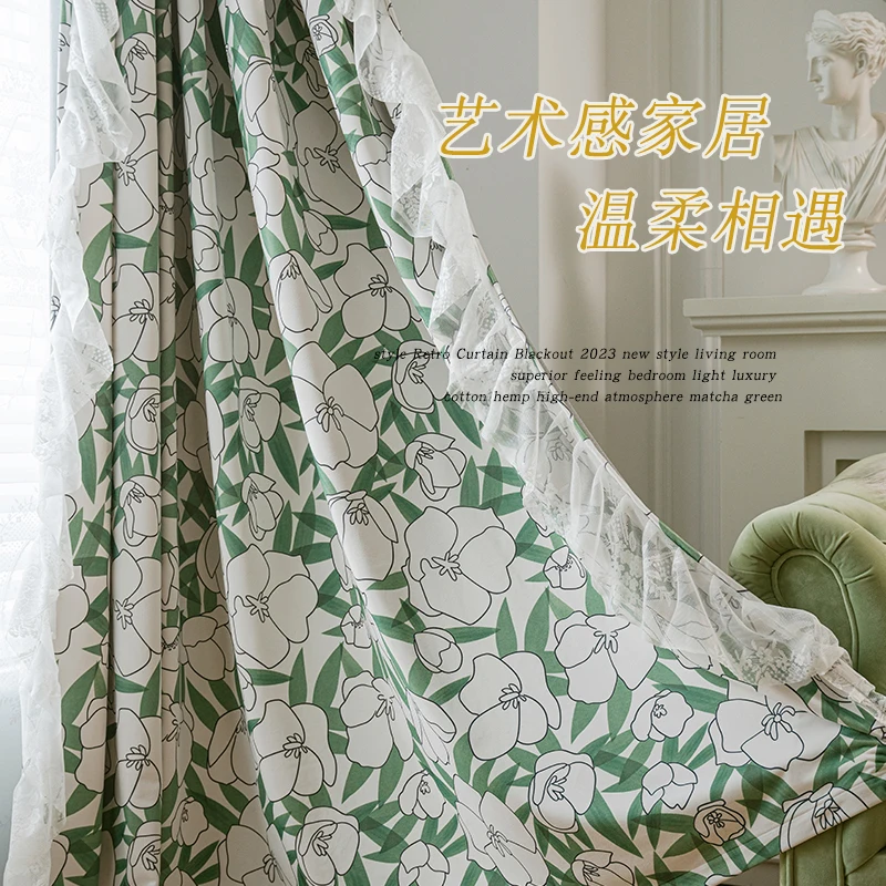 Retro American Green Silk Curtain Velvet Fresh Print Blackout Living Room Curtains Light Luxury Modern Simple High End Drapes