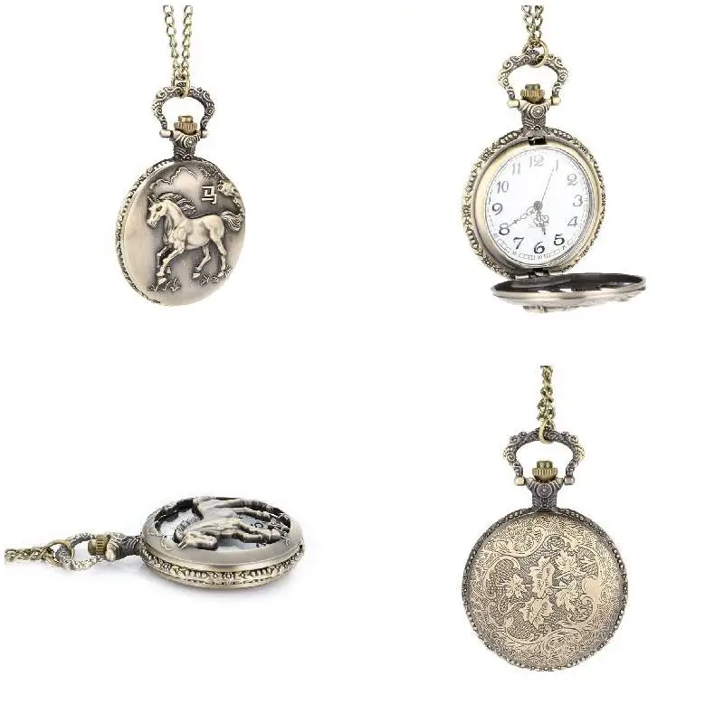 Vintage Horse Non-hollow Carved Quartz Pocket Watch Clock Fob With Chain Pendants Necklace Gifts Retro Pattern Pocket Watch