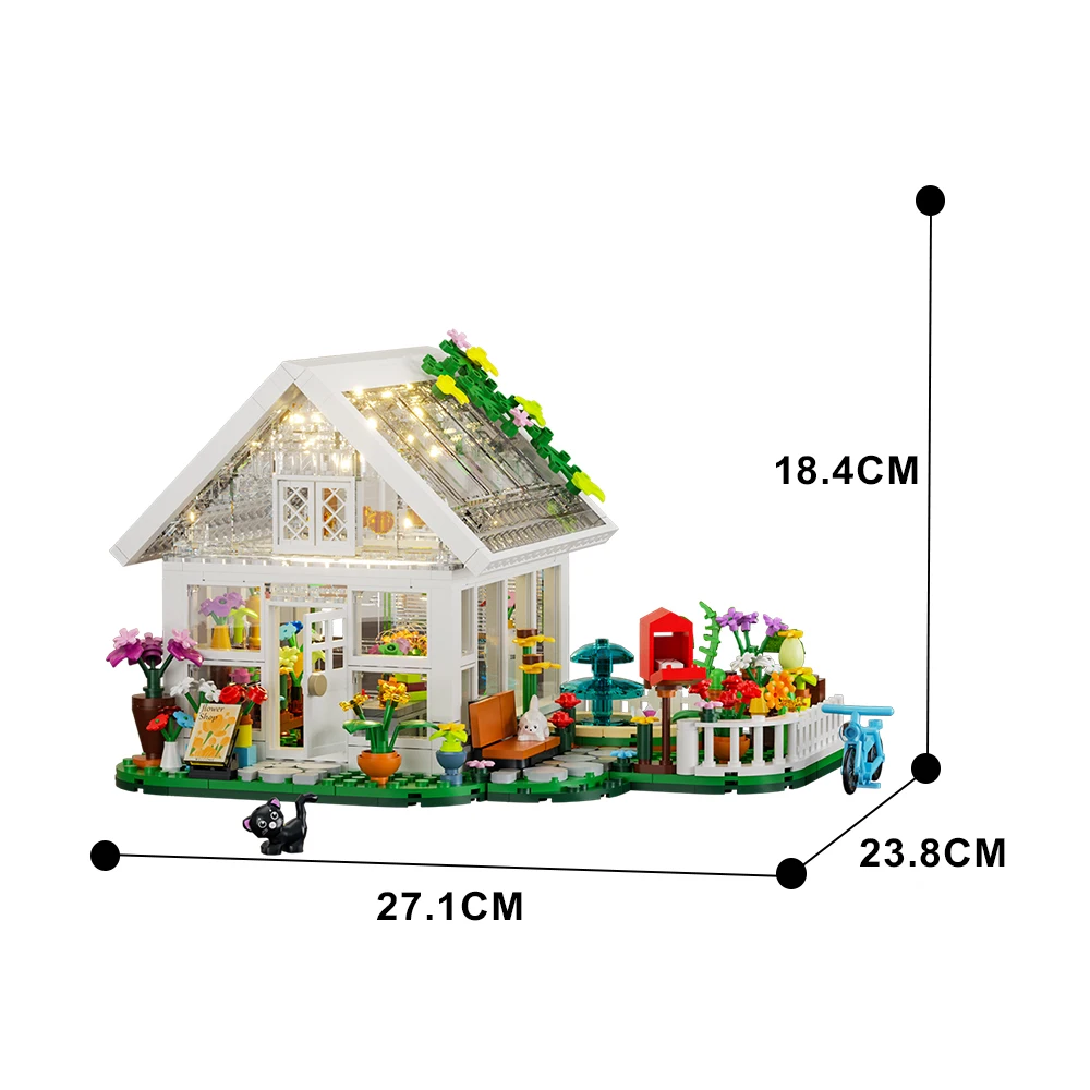 MOC Flower House Garden Building Set City Street Flower Shop Building Kits with Led Lights Flower Garden White Greenhouse Bricks