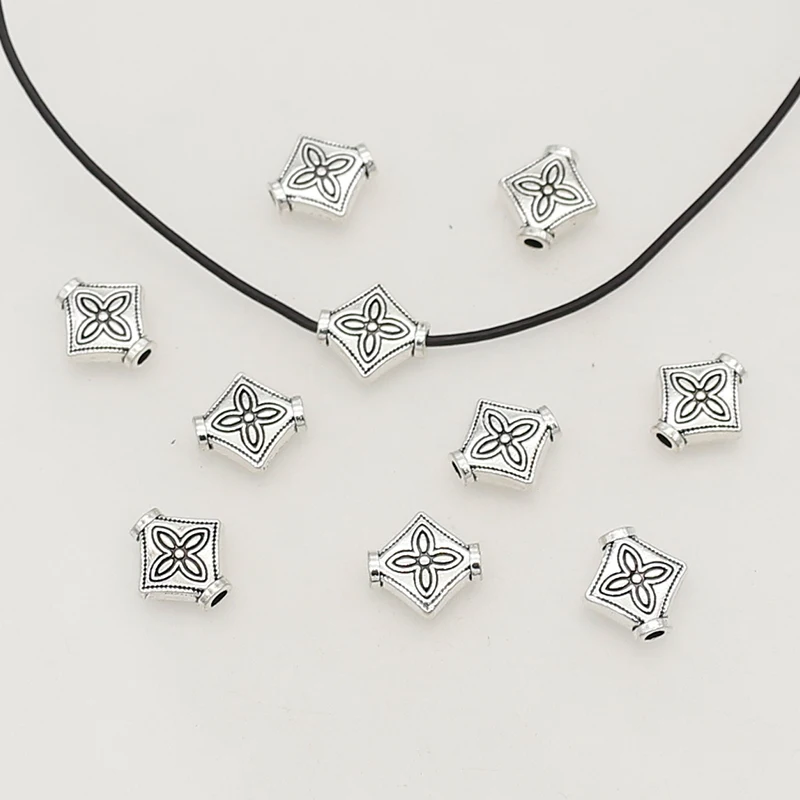 20pcs/Lot Beautiful Suqare Flower Alloy Loose Beads 9.5x10mm Tibetan Silver Metal Plaid Spacer Beads DIY Jewelry Accessories