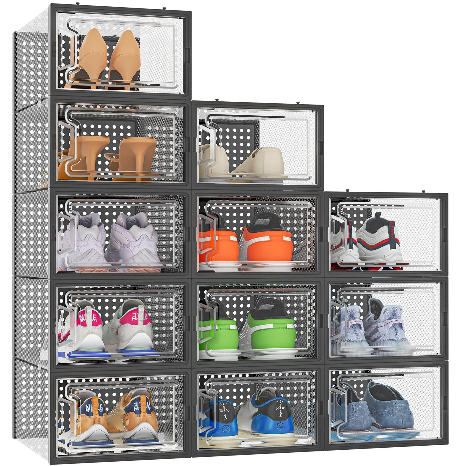 12 Pack Shoe Organizer Boxes, Black Plastic Stackable Shoe Storage Bins For Closet,Space Saving Shoe Holder Sneaker Display Case