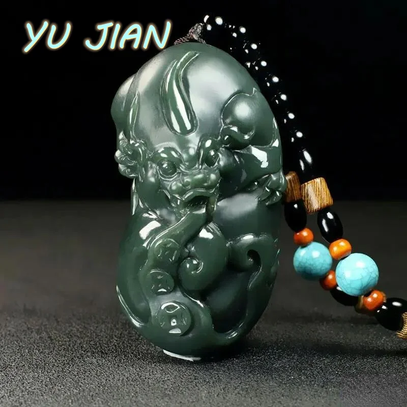 Hetian Jade Pixiu Natural Black Green Pendant Fine Jewelry Men's Women's Fashion Necklace Strap Chain Accessories