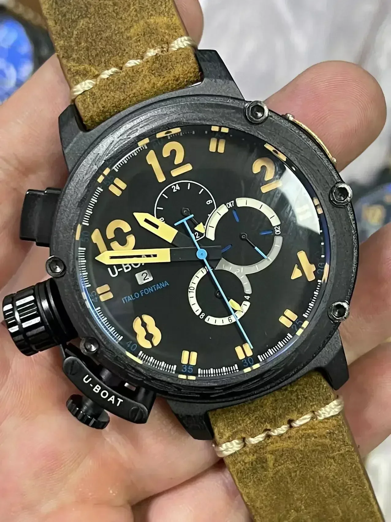 Luxury New Mens Automatic Mechanical U Watch Black Case Aged Cow Leather Brown Boat U51 Wristwatch Relogio Masculino