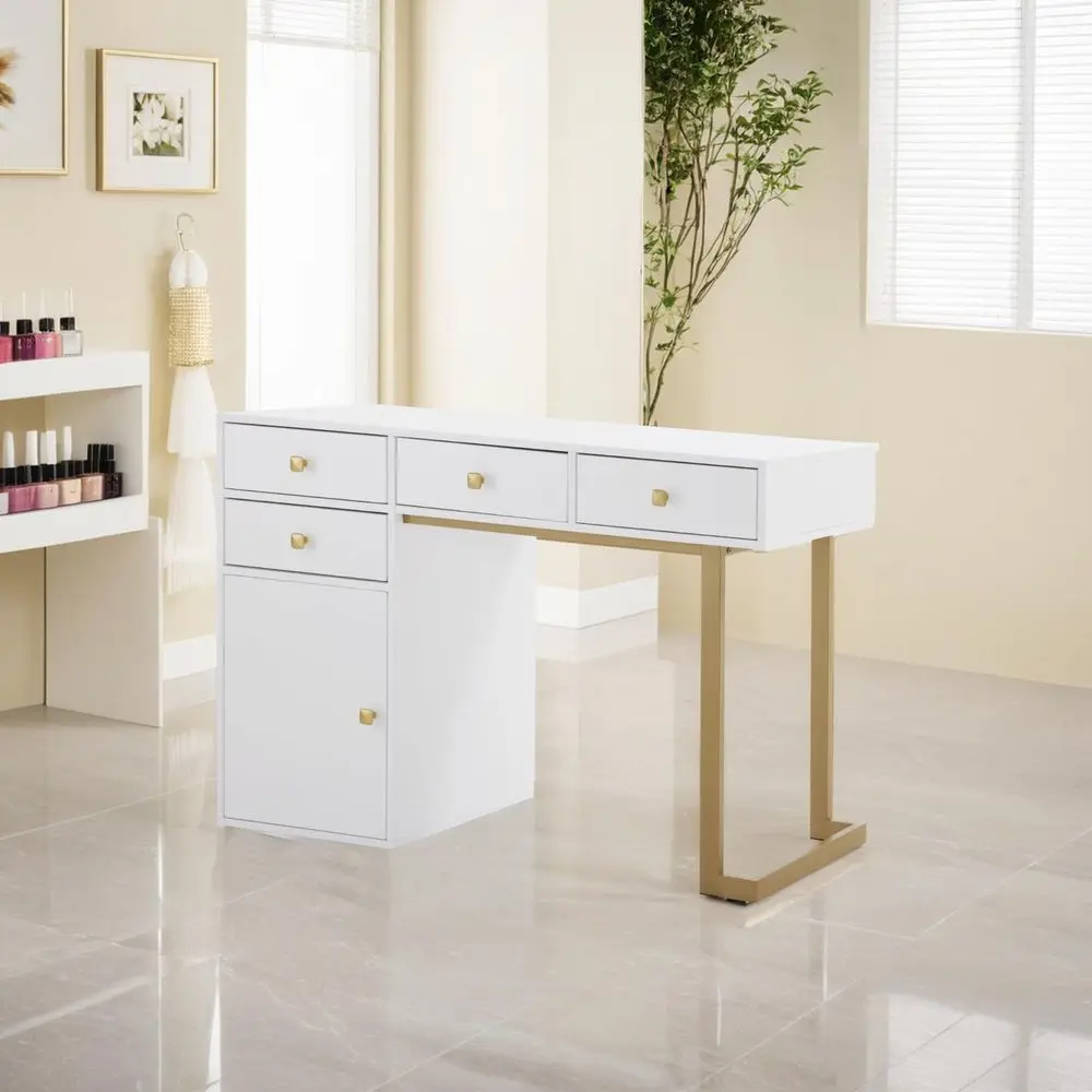 

Beauty Manicure Table with Storage Drawers, Nail Salon Desk for Nail Tech, Makeup Station with Round Handles, Beauty Equipment