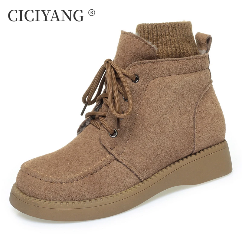 

CICIYANG Women Wool Snow Boots 2025 Winter New Cow Suede Sock Boots Plus Size 42 Ladies Lace-up Ankle Boots Anti-slip Booties