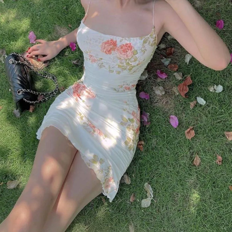 순수한 유혹 에이펙스! 빈티지 꽃 쉬어 Tulle 원피스-Strappy Bodycon-하이 엔드 알레르기가있는 비대칭 인쇄