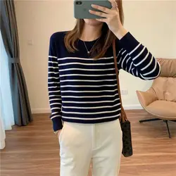 Autumn 2025 New striped autumn and winter women's knitted sweater with round neck jacket on the bottom. comfortable woman