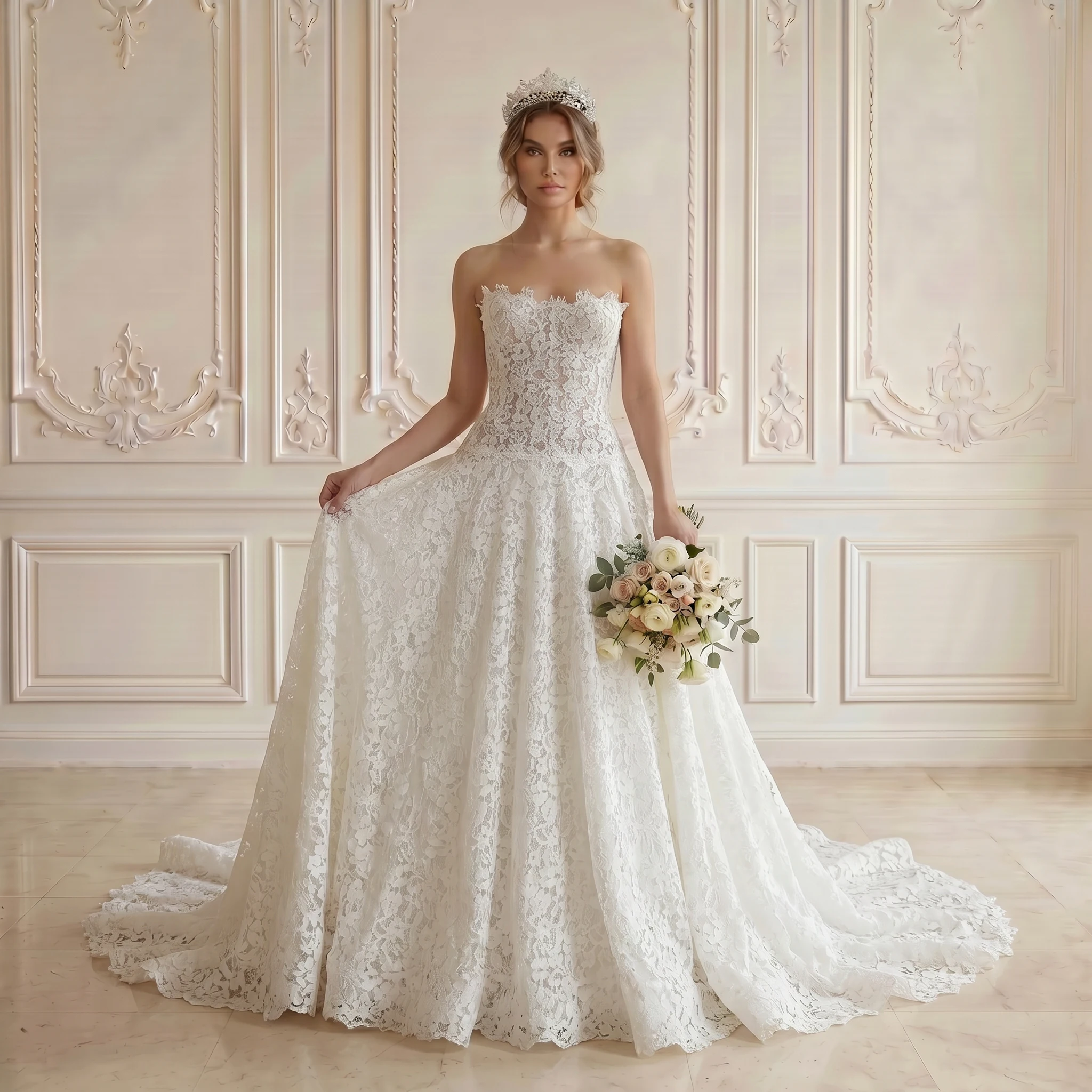 Strapless Scalloped Neck A Line Wedding Dress Full Floral Lace Corset Back Scalloped Chapel Train Bridal Gown