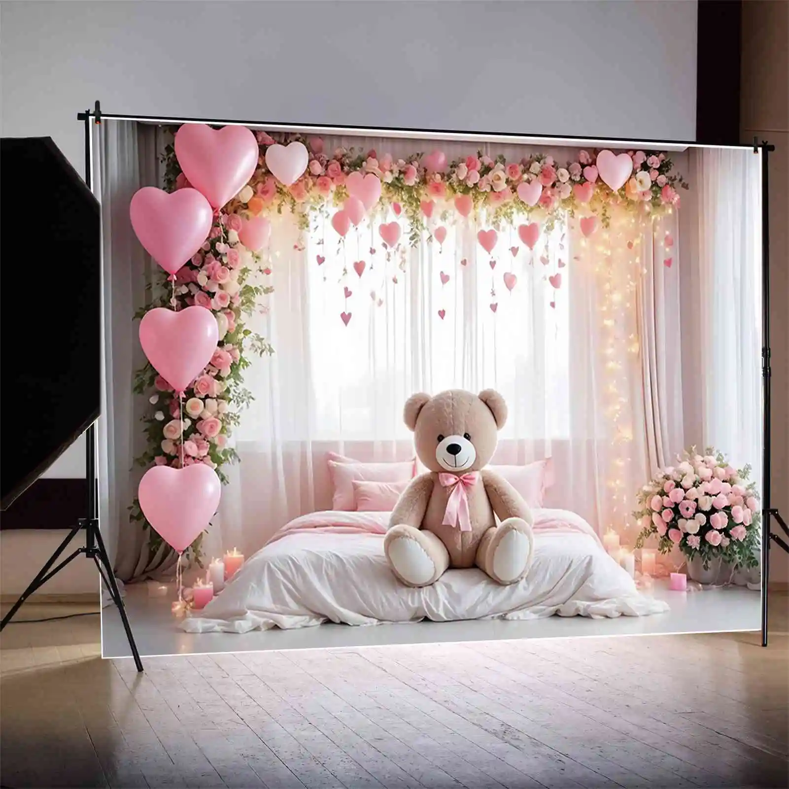 MOON.QG Window Balloon One Birthday Background Children's Pink Teddy Bear Draping Cloth Backdrop Custom Party Photocall Supplies