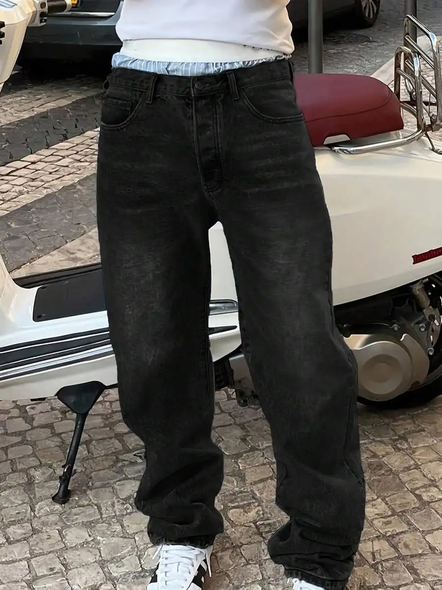 

Mens Retro Loose Fit Black Denim Jeans Streetwear