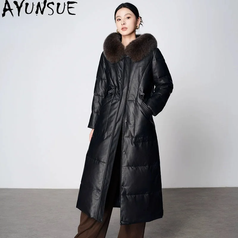 AYUNSUE Genuine Leather Jacket Women Winter Goose Down Jackets Warm Fox Fur Collar Long Sheepskin Trench Coat Woman Hooded 2026