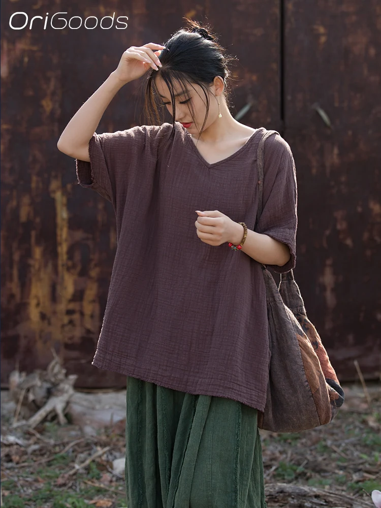 

OriGoods Summer T Shirt Woman Cotton Linen 2025 New Loose Fit Thin Blouse Vintage Long TShirt V-neck Cool Summer Tops B204