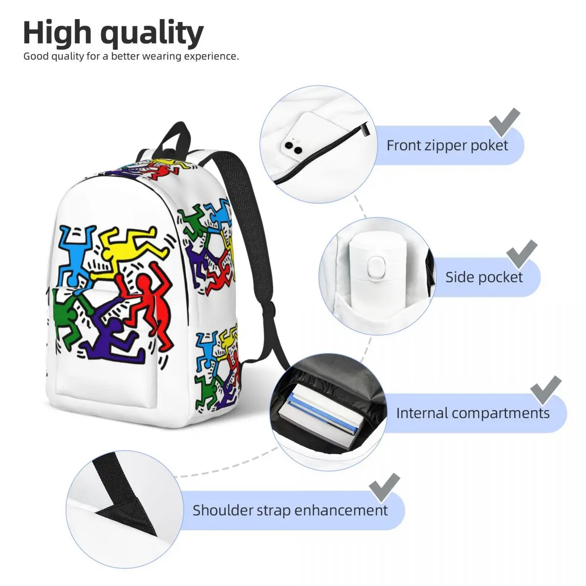 Funny Graffiti Figures Canvas Backpack Geometric Abstract Haring Paintings Art School College Travel Bags Bookbag