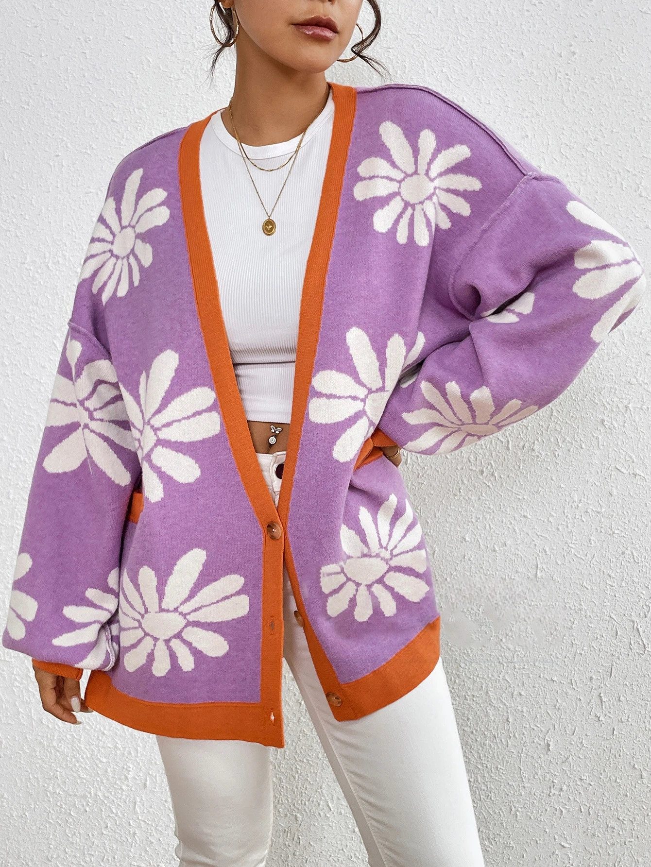 Cardigans florais femininos de manga comprida, elegantes, chiques, frente aberta, estilo casual para outono inverno, moda diária