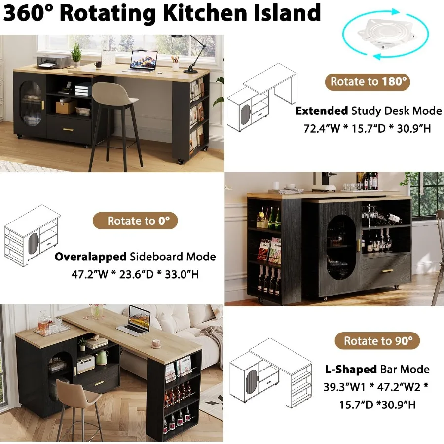 72 جزيرة المطبخ المتداول مع الجلوس 360 طاولة دوارة جزيرة المطبخ مع خزانة تخزين أرفف أدراج مزرعة متنقلة Isl