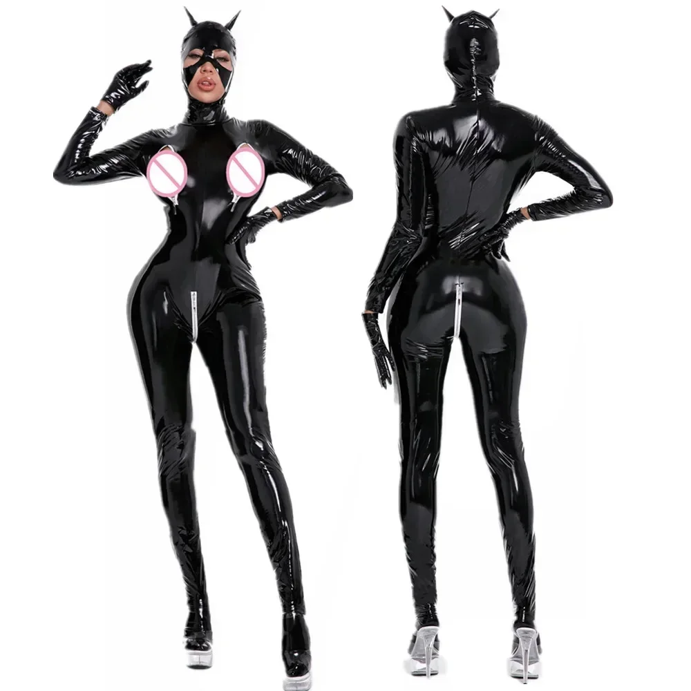 Sexy Open Crotch Glossy Leather Bodysuit For Women Erotic Long Sleeve Catsuit Shiny Latex Jumpsuits Zipper Breast Exposing Sexi