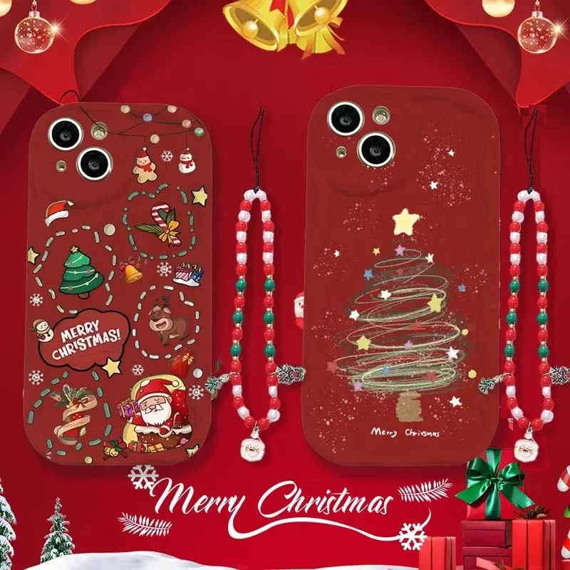 for Merry Christmas Santa Claus Bracelet Chain Case For Samsung Galaxy S25 Ultra S24 S23 Plus S24FE S23FE Soft Silicone Cover