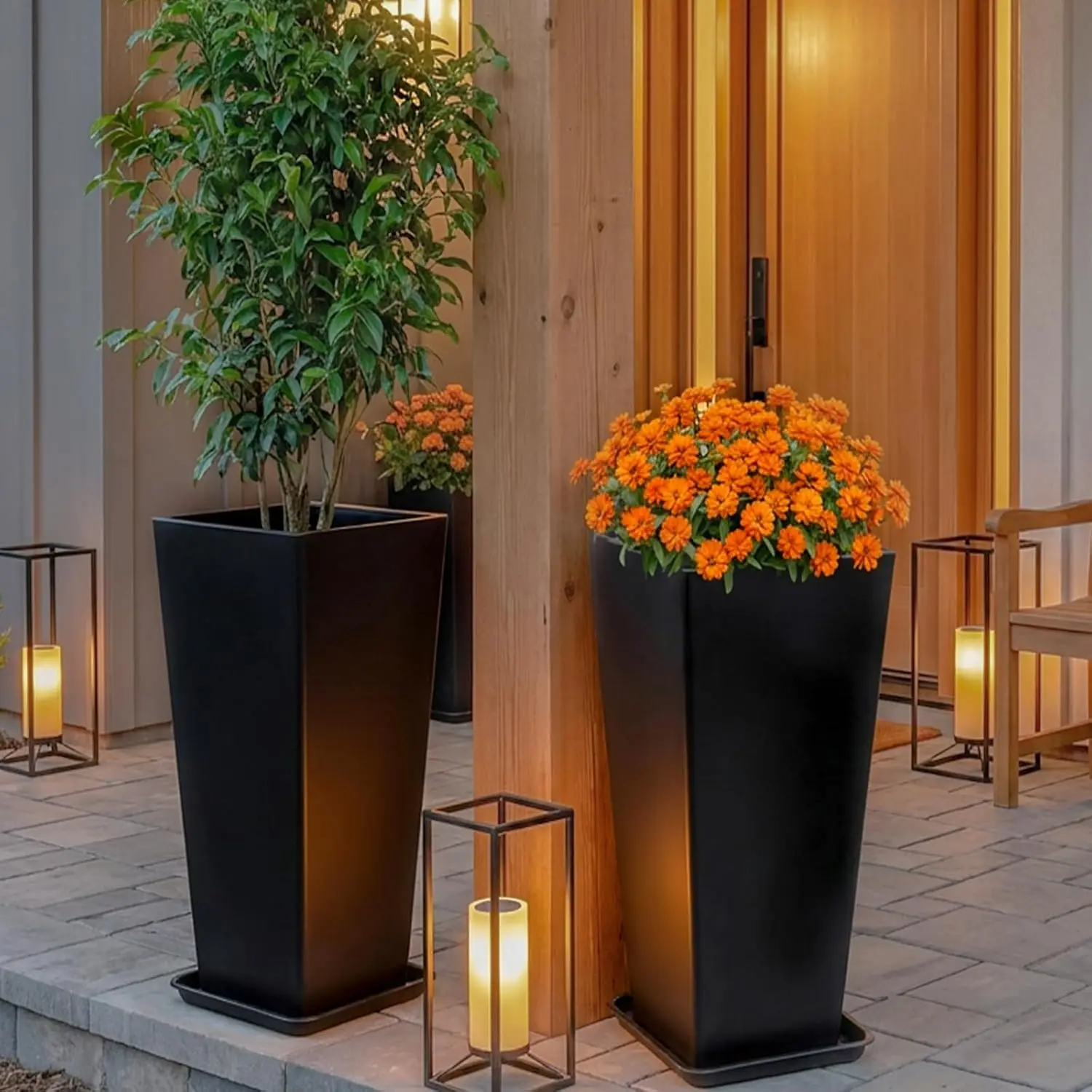 PASAMIC 30 Inch Outdoor Planters Set of 2, Large Tall Planters with Drainage Holes, Weather Resistant Flower Pots for Indoor & Outdoor Plants, Front Porch, Patio, Balcony, Garden, Black