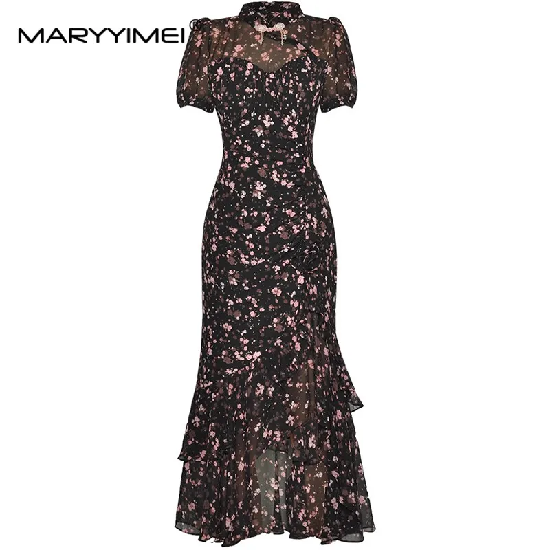

MARYYIMEI New Fashion Runway Designer Dress Women's Stand Collar Short-Sleeved Appliques Button Print Flounced Edge Dresses