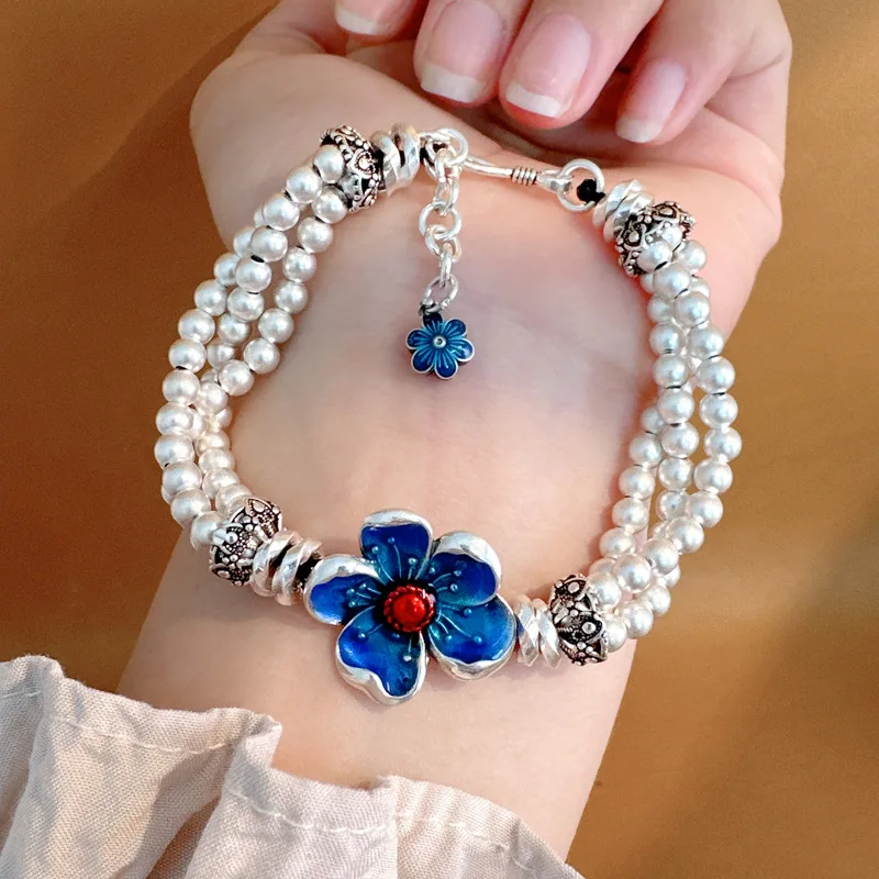 Langyan 925 Silver Enamel Colorful Blue Flower Bracelet Handmade Weaving Three Layers Silver Beads Bracelets Ethnic Style SL137