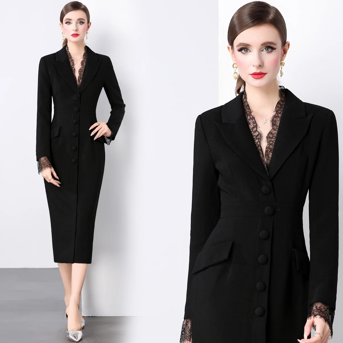 New 2024 Black Lace V Neck Long Sleeve Pencil Dress Women Autumn Casual Single Breasted Bodycon Midi Work Dresses Lady