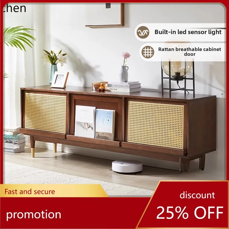 

HT solid wood TV cabinet living room home storage cabinet glass rattan floor cabinet living room decoration