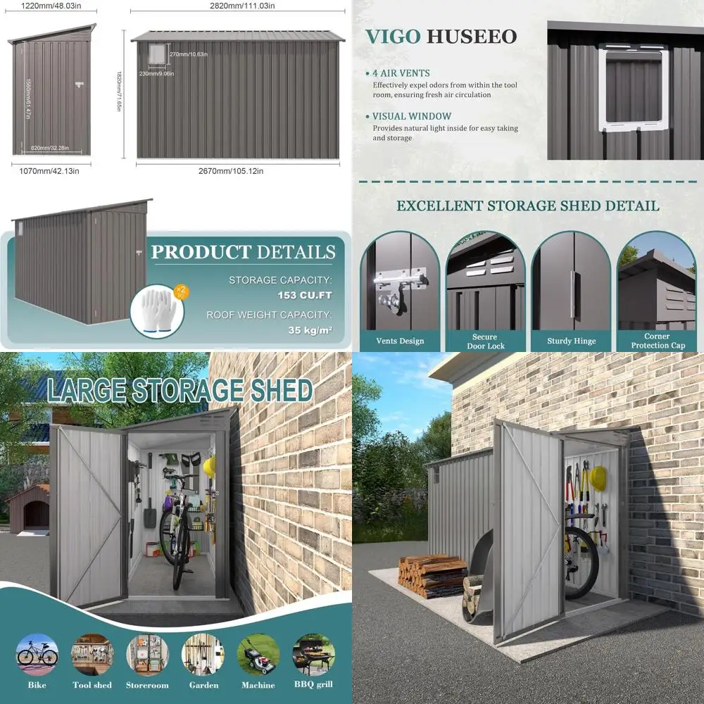 

Galvanized Steel Outdoor Shed, 9.2' x 4', Lockable Door & Window, Weatherproof Garden Storage (Gray)