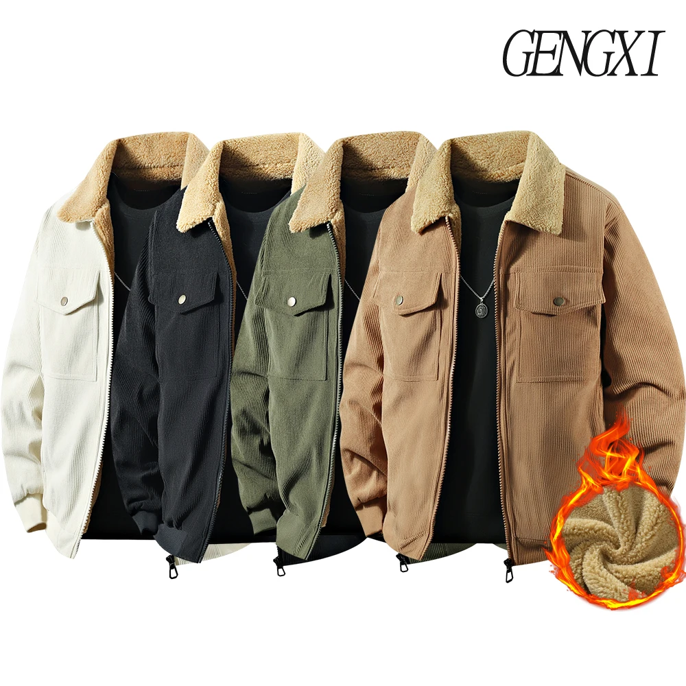 

Autumn/Winter Men's Corduroy Multi-Pocket Cotton Jacket Casual Fashion Fleece-Lined Thickened Cold-Resistant Warm Collared Coat