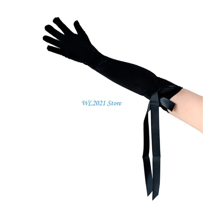 

G5GC Women Evening Gloves With Ribbon Ladies Fancy Long Elbow Gloves Hand Sleeve Elbow Length Gloves For Wedding Party
