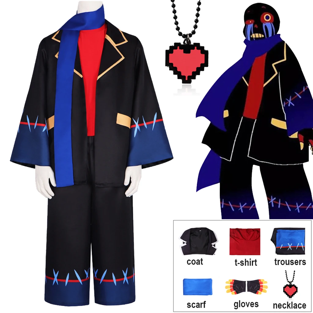 

Anime Game Error Sans Cosplay Costume Frisk Blue Trench Pants Uniform Suit Scarft Set Halloween Party Role Sans Men Cos Clothing