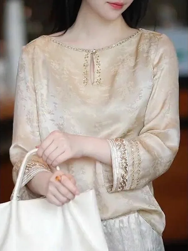 New Chinese Style Embroidered Floral Shirt Women's 3/4 Sleeve Base Layer Top Spring Autumn Fashionable Versatile Blouse