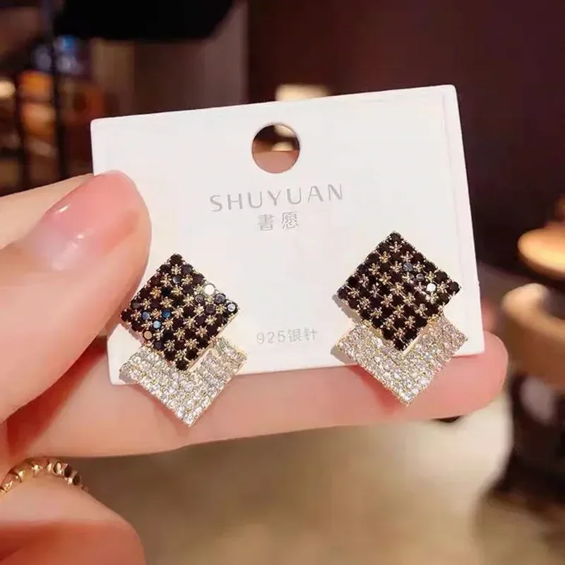 Big Black White Square Full Crystal Rhinestone Stud Earring for Women New Geometry Transparent Jewelry Christmas Girl Gift